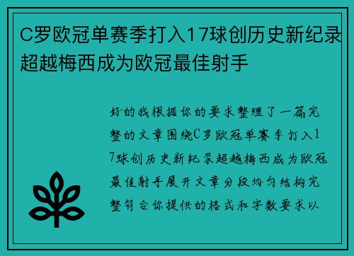 C罗欧冠单赛季打入17球创历史新纪录超越梅西成为欧冠最佳射手